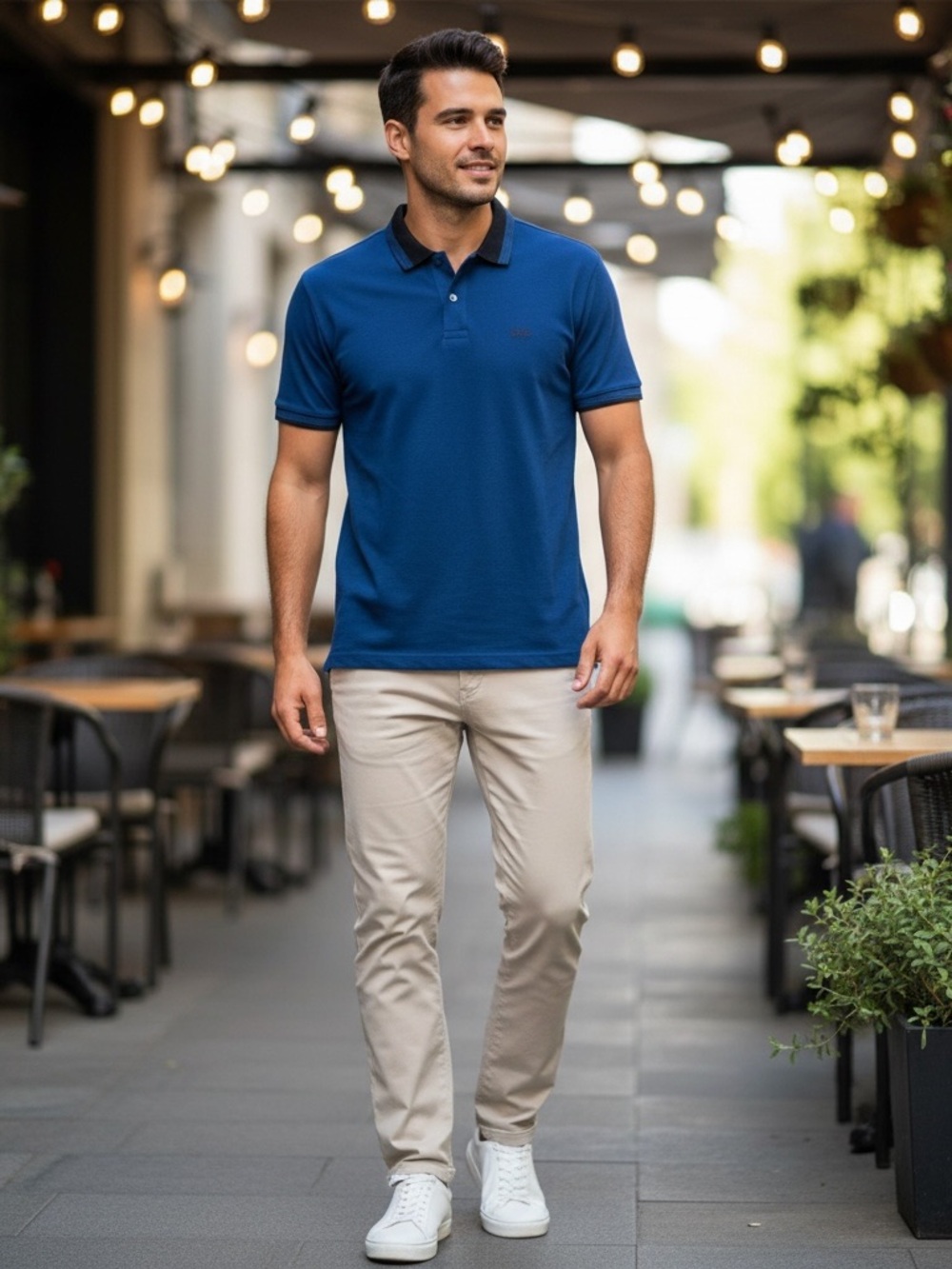 • Boss • Men's Blue Polo Short Sleeve Shirt with Contrast Collar Large
